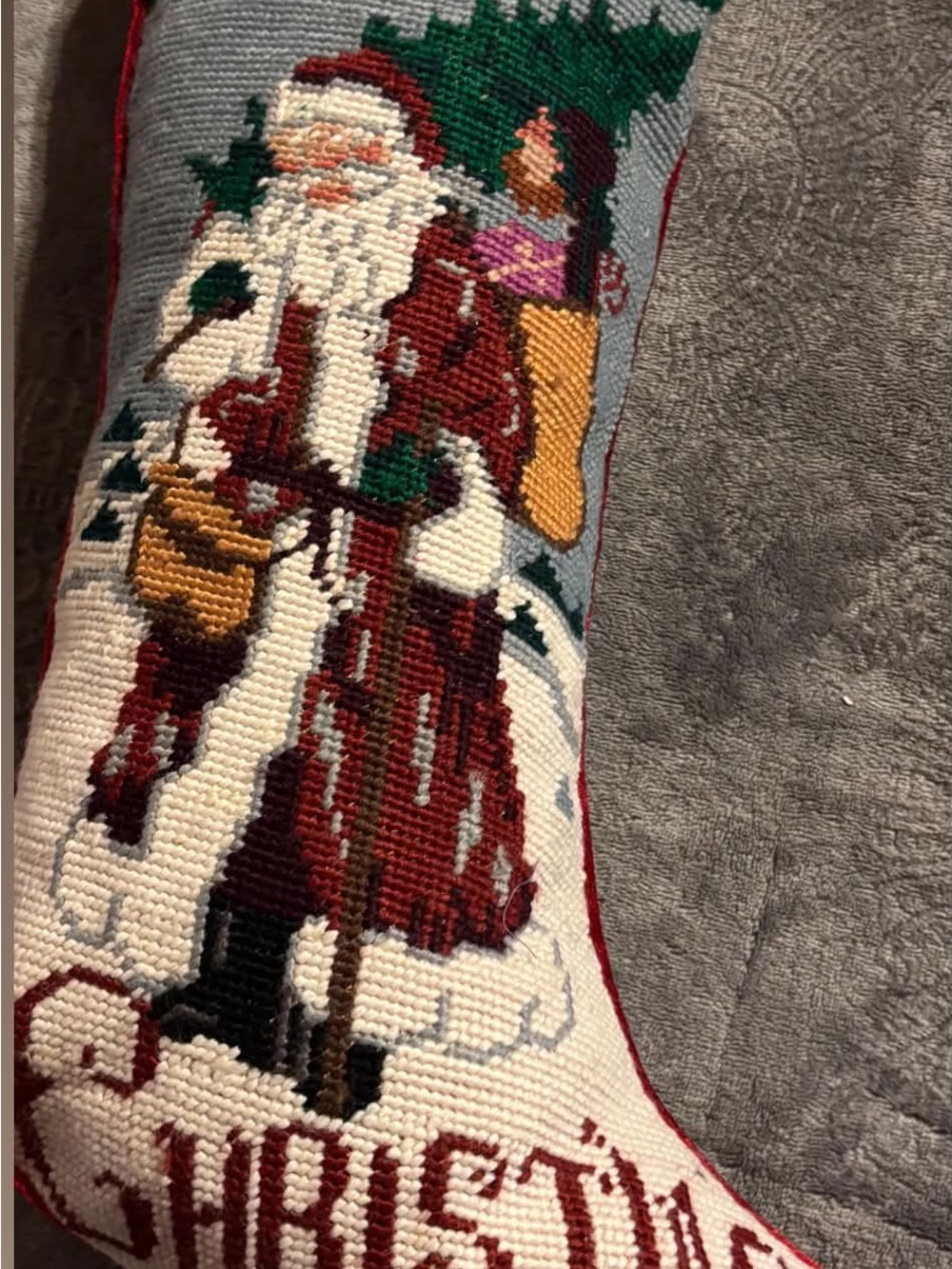 Hand-Needlepoint Christmas Stocking in Red and Cream with Santa Motif